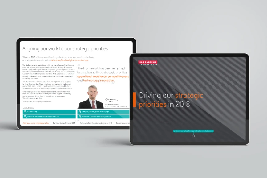 BAE Systems Company Strategy interactive PDF design on tablet